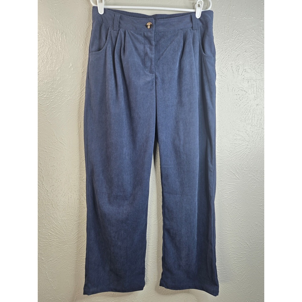 Halara Corduroy Pants Womens L Navy Blue Pleated Straight Leg High Rise Trousers